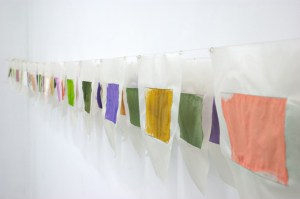 (detail) Color changes in the forest, during one year, at the same        location. 6 inches x 12 feet 9 inches, acrylic on Juan silk, brass 2015