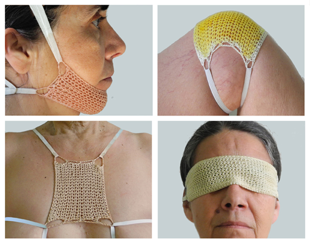 Vulnerable Locations (Jaw, Knee, Heart, Eyes), series-in-progress, performance documentations of crocheted bandages in medicinal herbal distillations, variable dimensions.