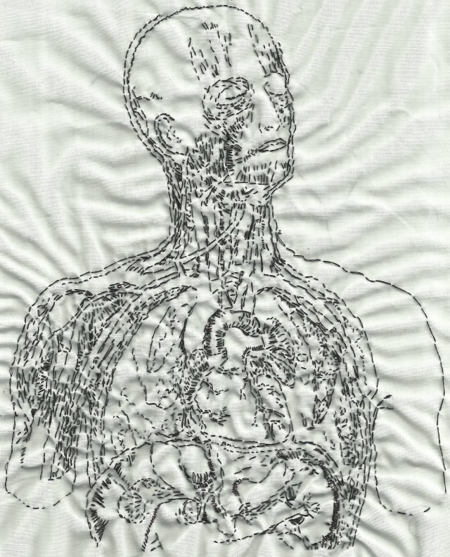 Embroidery referencing Anatomie normale du corps humain: atlas iconographique de XVI planches by Sigismond Laskowski. Black thread on muslin. 4.5"x7". 2012.