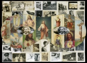 from the domino mask series (Jesus, assorted people), hand-embroidered holy cards and found photographs, 10.875”h x 15.375”w, 2014