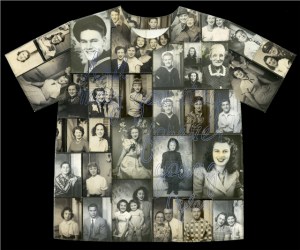 from the garment series ( t-shirt, Dylan, forever young), hand embroidered found studio portraits, 19.375” w x 22.625”h x 1.5”d, 2015