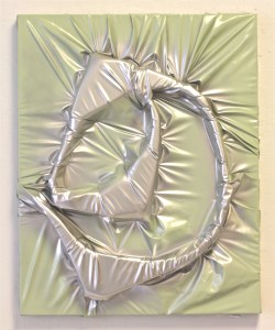 Premium Matcha Green Tea 2015 Spray paint, foam, and staples on panel 24” x 30”