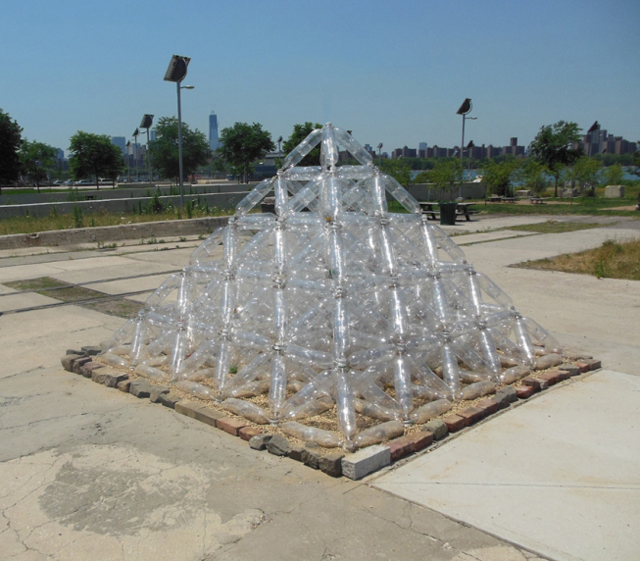 ​​Plastic Bottle Pyramid, Collaboration with Sungjin Oh, plastic bottles, caps, gravel, 7' 6" x 11' x 11', 2012 