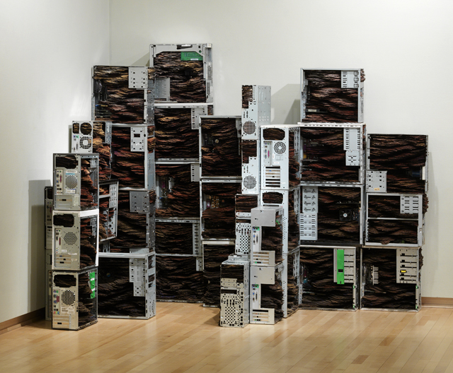 Strata, 2011, Tar paper, pigment, computers, 72” x 120” x 53” (dimensions variable based on installation