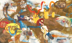 Title: "Brownie Beret" 36” x 60” Acrylic, ink, collage on canvas 2014 