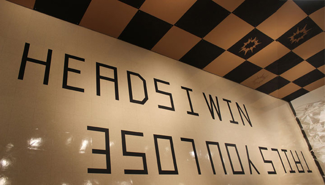 Fool Me Twice, 2012, gaffers tape, 360” x 80”, installation view from the exhibition Somewhere Between Support and Collapse, Elon University, Elon, NC, 