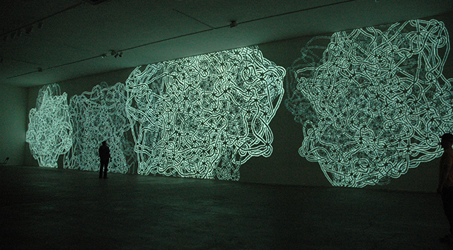 Through the Horizon / Installation view of video projection from hand-drawn stop-motion animation edited in After Effects / 25 x 100' / 2013