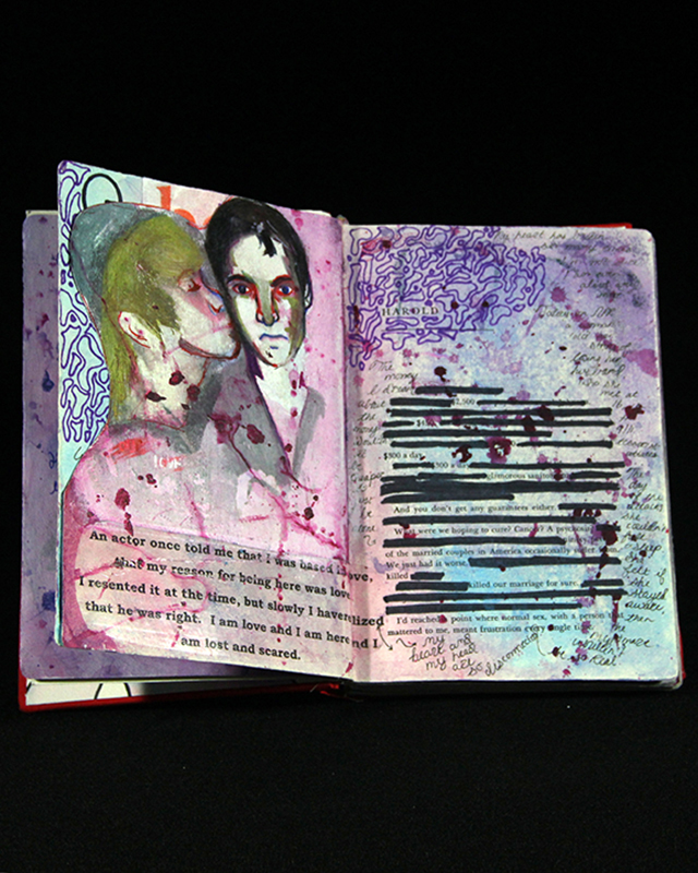 The Couple (detail), mixed media drawings in altered book, 9”x12”x2.5”, 2014.