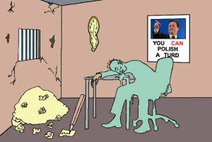 The Road to Middle England (animation still, 3mins, 2015): still from forthcoming animation, the scene features a breakdown during a CV writing class.