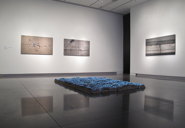 Stay on the Path (Installation View), Unfired clay, video projection, 4’’ x 66’’ x 102’’, 2013