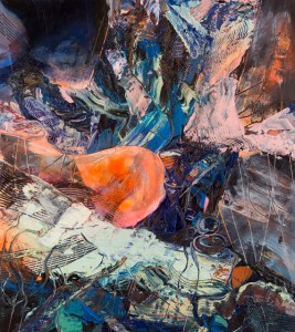 Night Games, 2015, 72" x 60”, oil, enamel, collage, and acrylic on canvas