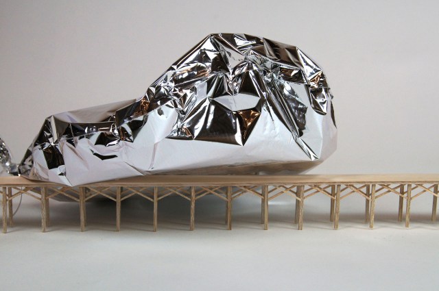 Vanishing Point (detail) balsa wood, mylar helium balloon, ribbon, nylon hardware 36” l x 2” d x 8’ h 2014