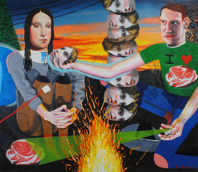 Stacking at Sunset or Perhaps a Trade? 42"x48" Oil and house paint on canvas 2015