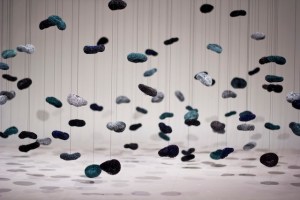 Sea Is the Saddest Lullaby I Can't Hear, Copper Mesh, Enamel, Wood, Thread, Sand, 12'x8'x6', 2013