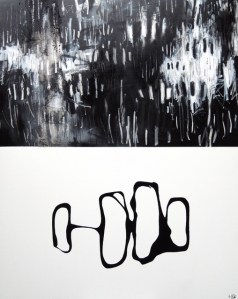 Counterpart (version 1), 2013. Dimensions: 1,800 mm x 2,500 mm. Materials: Oil stick, pen, household and metallic paint on canvas. Commercing raw expression. 