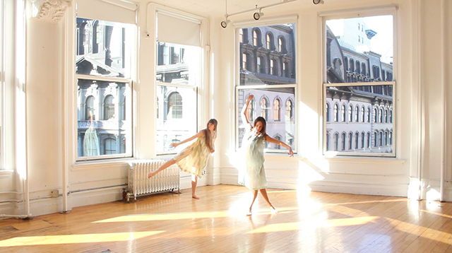 Film Still from Painting Dresses  //  Dress Paintings: Movement Sequence  choreography and dance improvised by Paulette Lewis and Elise Ritzel dresses made and movement prompts given by Katie Westmoreland  filmed at Gibney Dance Studios in Union Square 2015