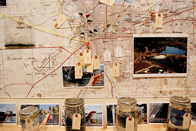 Title: Mapping the Spokane (River) Medium: water, rubber, rocks, photos, glass, etc... Dimensions: 10’ x 16’ x 40’ Year: 2013