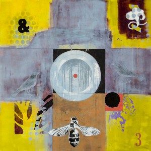 Birds and a Bee acrylic/collage/ink transfer on cradled wood panel 36” x 36” 2014