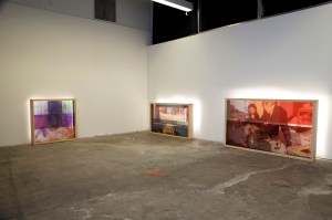 Family Dinner in Sequence of Blue 36''x6''x36'' Grandmas kitchen table in progression 54''x6''x31'' and Rewired Holiday 1987, in Corresponding Color Flow 63''x6''x36'' 2015 Birch wood box holding two plexiglass panes with inkjet printed transparencies mounted to each.