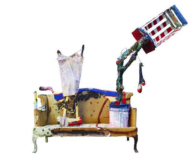 "Couples Therapy" concrete, wood, silicone, yarn, crochet fabric, tar, enamel, spray paint and acrylic.