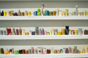 “the sculptural painting: number two” (detail shot), rolled up paintskin on wooden shelves, 2015