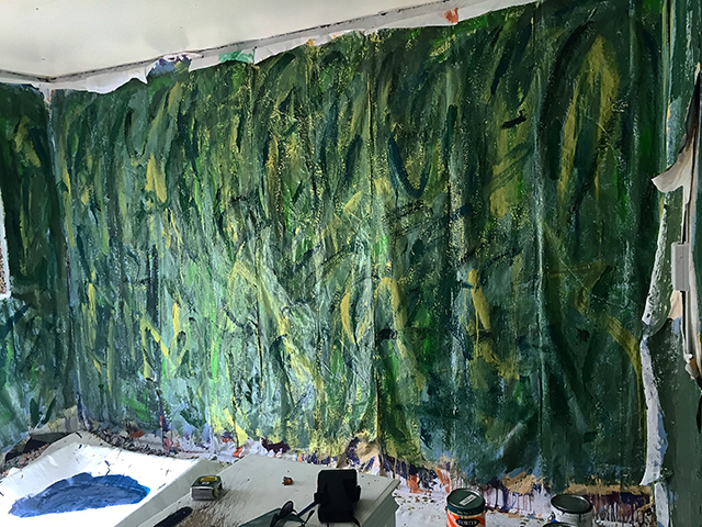 studio space showcasing tests for the next installation idea, “the landscape painting”