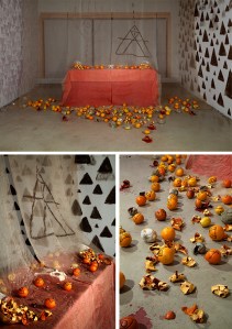 V silk organza, cotton, discharge, india ink, blood oranges, lemons, mud, smoke, hog gut, sheep pelvis & teeth installation (variable dimensions) 2012