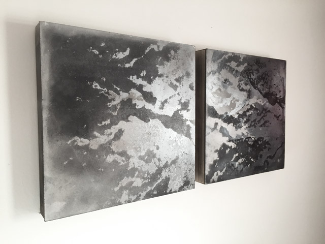 tidal cloud [i] and tidal cloud [ii] , each is 12" by 12" , mixed media screenprint on panel, 2012
