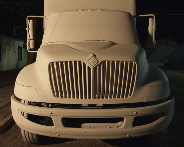 Experience: 10/13. Clay slip sprayed, 26' mobile gallery, Chinati Weekend, Marfa, Texas. 2013.