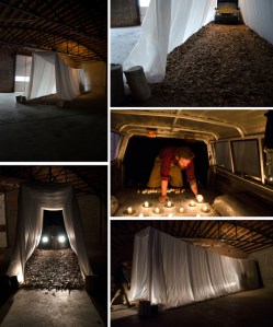 Experience 12/13: Land Healing Ritual. Collaboration with Sean McIntyre. 8 hour perfromance opeing night. Tyvek Fabric, rope, hooks, wood, leaves, 1994 Isuzu Pickup Truck. 28' L x 15' H x 8' W . “Electric Unicorn Loveland” Exhibition, LHUCA Warehouse, Lubbock, Texas. 2014.