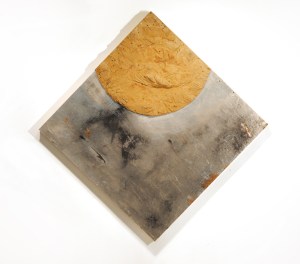 title: Touched by Fire (moon series) Medium: osb, drywall tape, screws, drywall chalk on panel Size: 48"x48"x3" year 2015