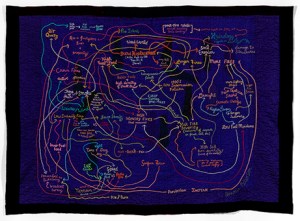 On the Nature of Fire, Embroidery on silk, velvet, 65”H x 85”W, 2015