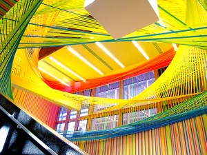 Spread_the_ashes_of_the_colors_2010 Title: "Spread the ashes of the colors" Year: 2010 Medium: flagging tape, wood, paint, hardware Size: 60' x 52' x 30'