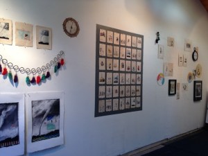 Leap of Faith , 2015, Mixed Media Installation, Riverside Museum of Art, 10’x 26’, all paintings oil on wood panel, collage, gouache on rice paper, found objects